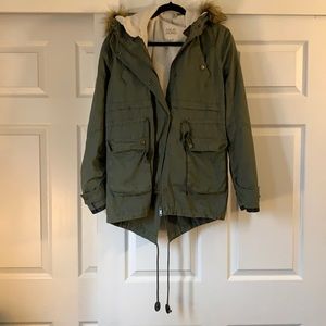Green trench coat, sherpa lined